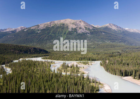 Vista del fiume Athabasca e Whistlers mountain da Old Fort Point, vicino a Jasper, Alberta Canada. Foto Stock