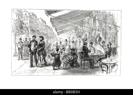 Boulevard Montmartre paris street cafe shop pranzo tradizionale costume francese dree Francia tavolo sedie ristorante veranda Foto Stock