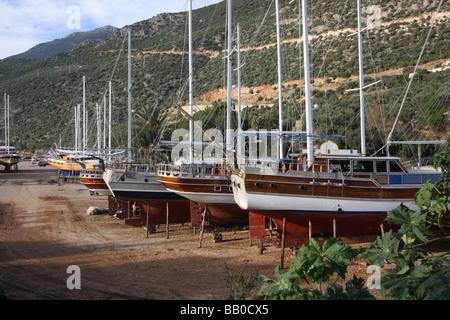 Bacino di carenaggio accanto al porto di Kas, Antalya, Turchia - imbarcazioni essendo mantenuto e riparato. Foto Stock