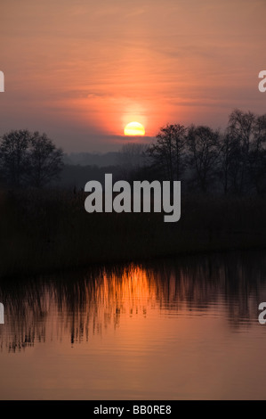 Un tramonto in inverno al di sopra della parete di prosciutto nella riserva naturale del Somerset Foto Stock