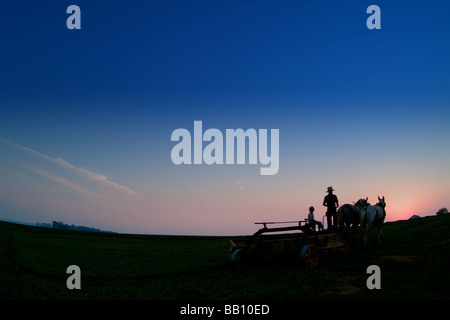 Vecchia fattoria Amish con uomo a arare i campi di lavoro Lancaster Pennsylvania Foto Stock