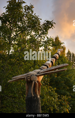 Una libellula scolpito accanto al fiume Wey in Guildford Surrey svolto dalla chainsaw pirati tramonto in background Foto Stock