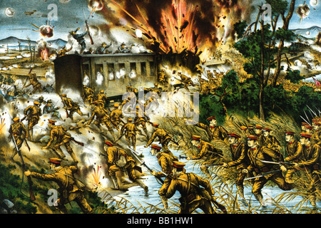 Attacco Giapponese Russo forze comuniste in corrispondenza di un treno lungo il fiume Amur Foto Stock