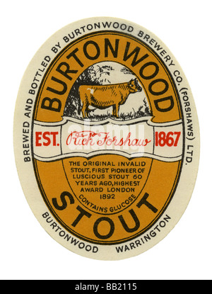 Vecchio britannici di birra per etichetta Burtonwood's Stout, Warrington, Cheshire Foto Stock