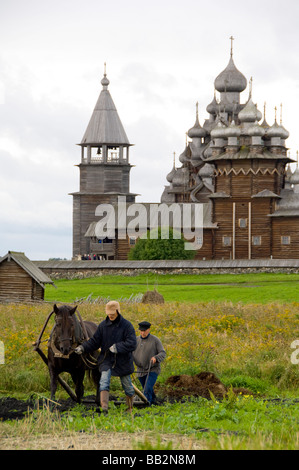 Russia, il Lago Onega, isola di Kizhi. Sito UNESCO. Cavallo tradizionale aratro davanti alla storica Chiesa della Trasfigurazione Foto Stock