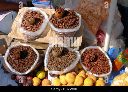 Donna vendita cavallette secca delle Cicale e cavallette in Messico per essere usato come cibo Foto Stock