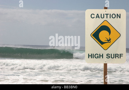 Stati Uniti d'America, Hawaii, Kauai, Barking Sands Beach surf warning sign. (RF) Foto Stock