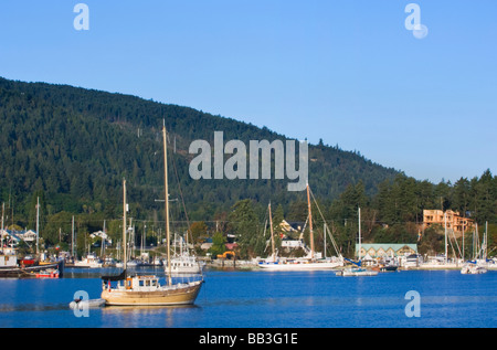 Canada, BC, isole del golfo, sale Spring Island, Luna Piena Impostazione oltre il Gange Harbour Foto Stock