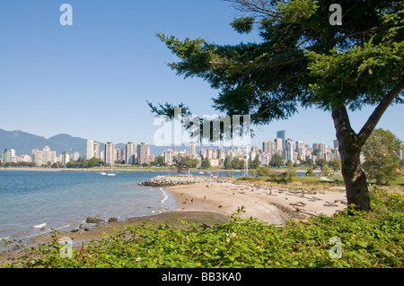 Kitsilano beach park affacciato sulla Baia di inglese e lo skyline del centro cittadino di Vancouver, BC, Canada. Foto Stock