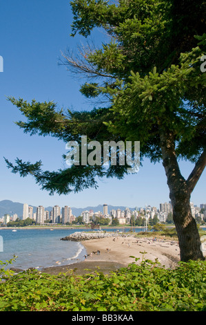 Kitsilano beach park affacciato sulla Baia di inglese e lo skyline del centro cittadino di Vancouver, BC, Canada. Foto Stock