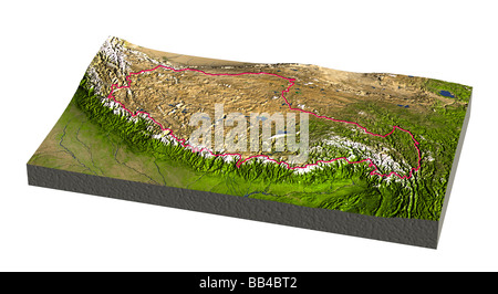 Il Tibet. Ombreggiato 3D rilievo mappa con bordo in rilievo. Include clip percorso per lo sfondo. Foto Stock