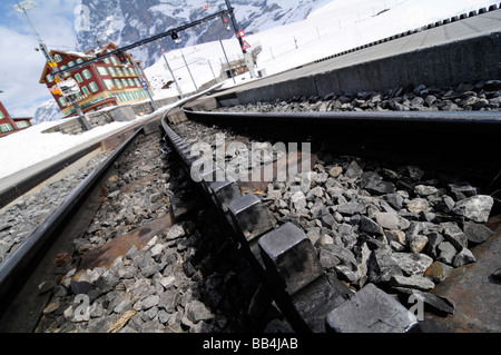 Close-up di una ferrovia a cremagliera, consentendo a treni di montagna di operare in forte pendenza. Foto scattata vicino a Grindelwald, Svizzera. Foto Stock