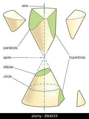Le tre famiglie di sezioni coniche (ellisse, Parabola e Iperbole) seguito dall'intersezione di un piano con un cono doppio. Foto Stock