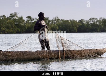 Senegal: pescatore tirando la rete nella sua piroga sul fiume Casamance Foto Stock