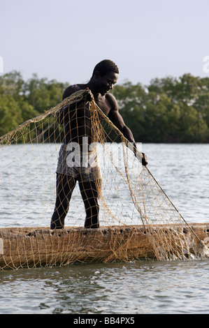 Senegal: pescatore tirando la rete nella sua piroga sul fiume Casamance Foto Stock