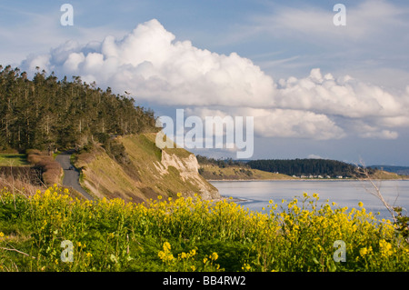 Stati Uniti d'America, WA, Whidbey Island, Ebey's Landing NHR. Orizzonti sconfinati da Ebey's Bluff lungo stretto di Juan de Fuca Foto Stock