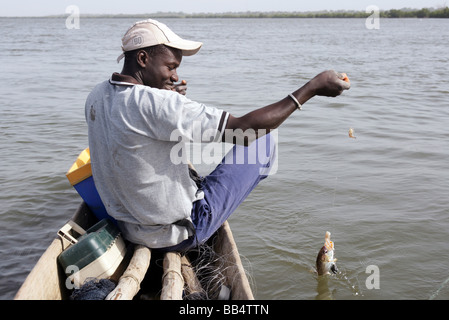 Senegal: pescatore nella sua piroga sul fiume Casamance Foto Stock