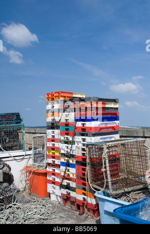 Gli attrezzi da pesca e le casse, Newquay Harbour Cornwall Regno Unito. Foto Stock