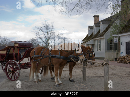 Carrozza a cavalli è il principale mezzo di trasporto di Colonial Williamsburg, Virginia. Foto Stock