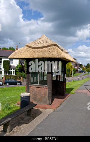 Autobus con tetto di paglia di shelter in Westcott, Surrey, Regno Unito. Foto Stock