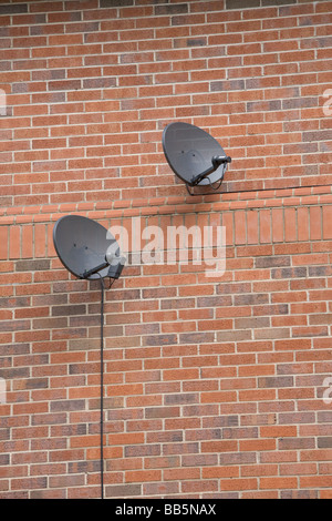 La televisione via satellite TV piatti di ricezione montato su una parete di mattoni Foto Stock