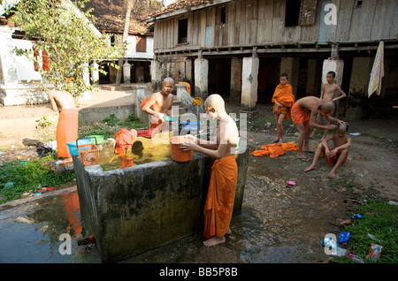 Il debuttante i monaci buddisti si alternano a radere le loro teste durante il tempo di balneazione nel loro Luang Prabang tempio Foto Stock