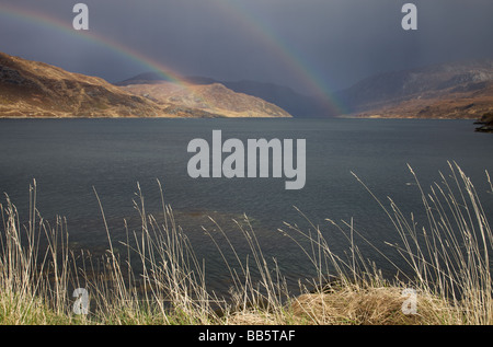 Two Rainbows over Loch Glendhu Kylesku Sutherland north west highlands of Scotland Foto Stock