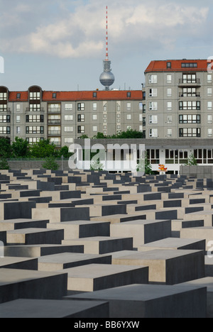 Berlino Germania Memoriale al assassinato ebrei dell'Europa aka Memoriale dell Olocausto Fernsehturm torre della TV in background Foto Stock