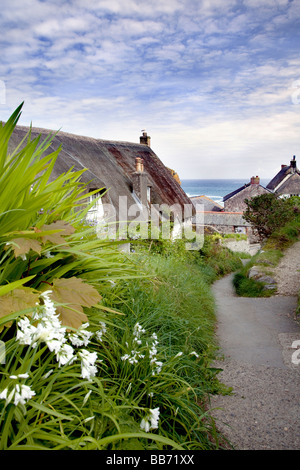 Cadgwith Cove è un pittoresco villaggio di pescatori di cottage con il tetto di paglia in Cornovaglia la penisola di Lizard. Foto Stock