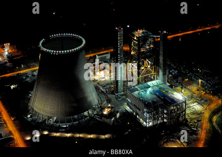 Foto aerea, impianto alimentato a carbone, sito di costruzione, impianto di EON Datteln 4, torre di raffreddamento, Datteln, la zona della Ruhr, Nord Rhine-Westph Foto Stock