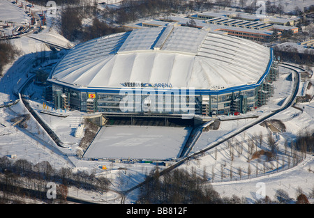 Foto aerea, Schalke Arena, S04 Veltins-Arena Sports Stadium di neve, Gelsenkirchen-Buer, Gelsenkirchen, zona della Ruhr, Nord Rhin Foto Stock