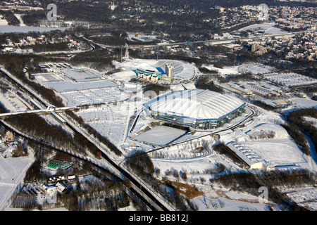 Foto aerea, Schalke Arena, S04 Veltins-Arena Sports Stadium di neve, Schalker Feld, centro di riabilitazione, Gelsenkirchen-Bu Foto Stock