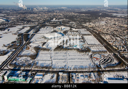 Foto aerea, Schalke Arena, S04 Veltins-Arena Sports Stadium di neve, Schalker Feld, centro di riabilitazione, Gelsenkirchen-Bu Foto Stock