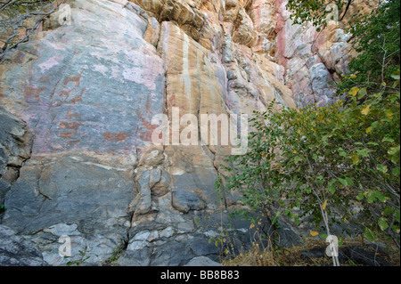 Dipinti rupestri con giraffe nel sito patrimonio dell'umanità dell'UNESCO, Tsodilo Hills, Botswana, Africa Foto Stock