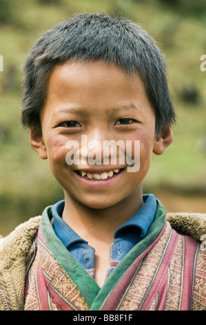 Da ragazzo Yak-imbrancandosi famiglia, Pele La Pass, ca. 11.000 piedi, Bhutan Foto Stock