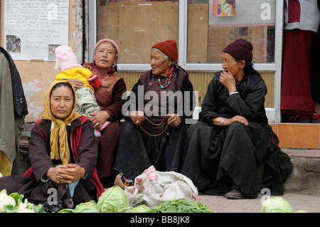 Le donne del mercato vendere verdure di Leh, Ladakh India del Nord, Himalaya, Asia Foto Stock