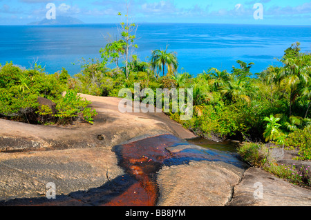 Creek in esecuzione su liscia roccia levigata e vegetazione tropicale, a nord-ovest della costa, Mahe, Seicelle Foto Stock