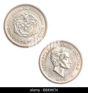 Moneta colombiana da 50 centavos che mostra Simon Bolivar Foto Stock