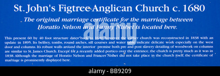 St Johns Figtree Chiesa anglicana ospita l'originale certificato di matrimonio di Horatio Nelson e Fanny Nisbet Nevis Caraibi Foto Stock