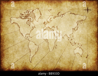 Un vecchio mondo mappa tracciata su carta pergamena Foto Stock