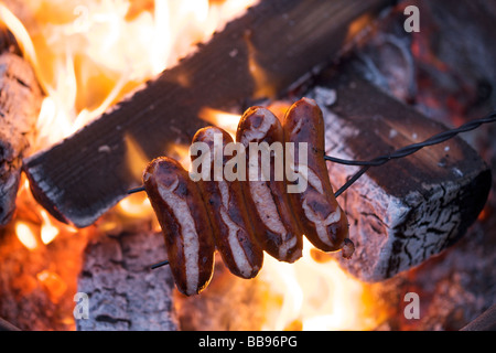 La tostatura hot dogs su un falò Foto Stock