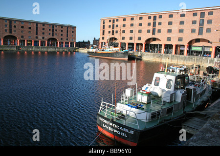 Rimorchiatore barche ormeggiate presso la Albert Dock, Liverpool, Merseyside, Regno Unito Foto Stock