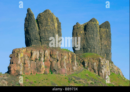 "Sorelle Cayuse' o 'Camino Rocks' di basalto sopra torri Columbia River, a Wallula Gap, vicino a Pasco, Washington Foto Stock