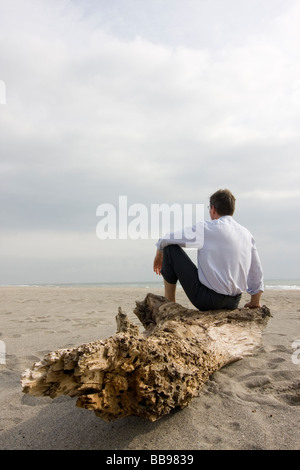 Imprenditore seduto su un tronco di albero su una spiaggia Foto Stock