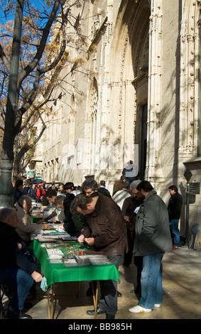 Il timbro e la moneta al di fuori del mercato La Lonja, Valencia Foto Stock