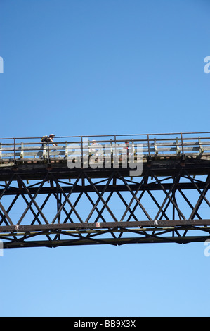 I ciclisti su cinque Mile Creek Bridge Central Otago Rail Trail vicino Hyde Central Otago Isola del Sud della Nuova Zelanda Foto Stock