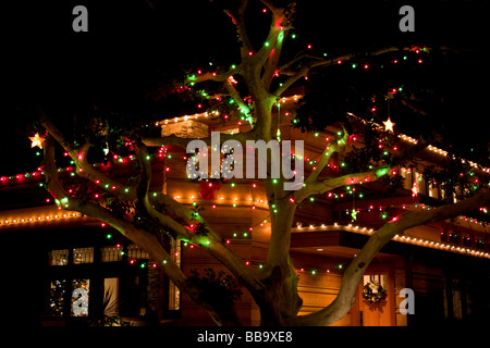 Casa decorata con le luci di Natale Foto Stock