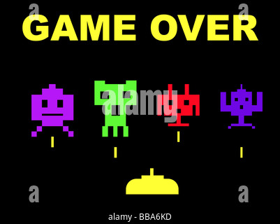 Space Invaders con game over isolati su sfondo nero Foto Stock