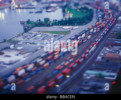 I treni merci in un cantiere di smistamento, tilt-shift photography Foto Stock