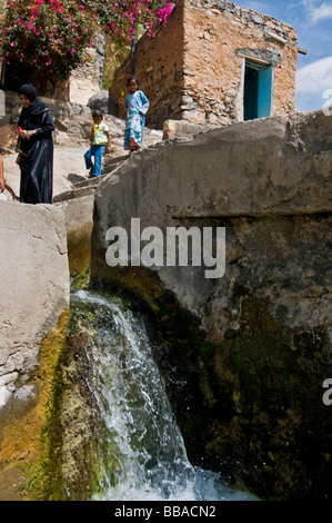 Aflaj antica acqua impianto di irrigazione nel villaggio di Misfat Al Abriyyin in Jabal Al Akhdar, regione Dhakiliya Oman Foto Stock